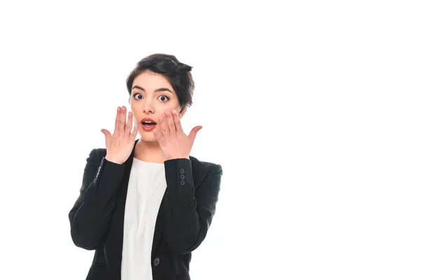 Shocked Mixed Race Businesswoman Holding Hands Face While Looking Camera — Stock Photo, Image