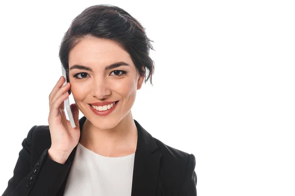 Beautiful Mixed Race Businesswoman Talking Smartphone Looking Camera Isolated White — Stock Photo, Image