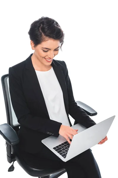 Cheerful Mixed Race Businesswoman Using Laptop While Sitting Office Chair — Stock Photo, Image