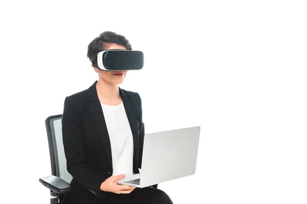 Joven Mujer Negocios Raza Mixta Realidad Virtual Auricular Sentado Silla —  Fotos de Stock