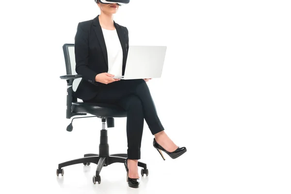 Partial View Mixed Race Businesswoman Using Virtual Reality Headset While — Stock Photo, Image