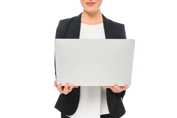 Corte Vista Sorridente Mista Empresária Usando Laptop Isolado Branco — Fotografia de Stock