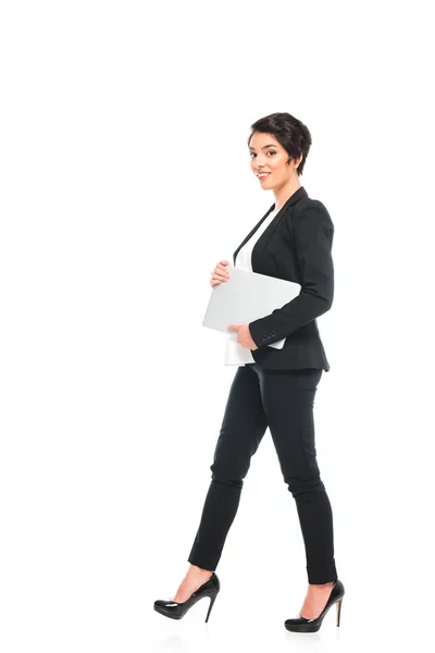 Cheerful Mixed Race Businesswoman Holding Laptop Smiling Camera White Background — Stock Photo, Image