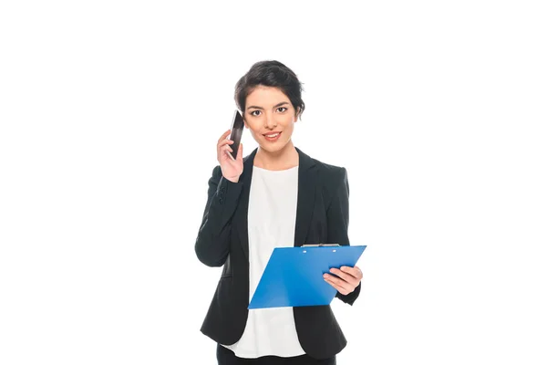 Attractive Mixed Race Businesswoman Talking Smartphone While Holding Clipboard Looking — Stock Photo, Image