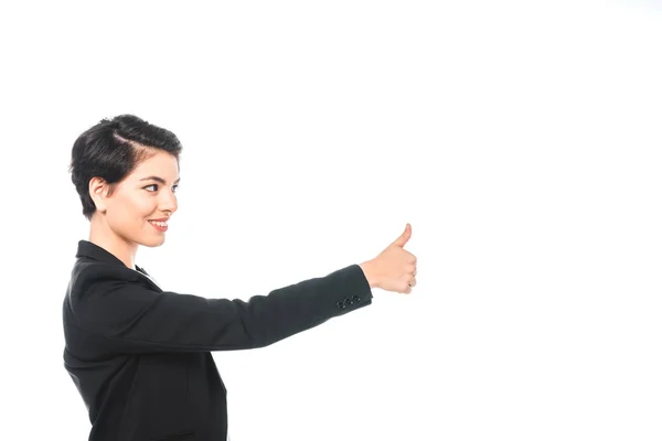 Bastante Mixta Mujer Negocios Sonriendo Mostrando Pulgar Hacia Arriba Aislado —  Fotos de Stock