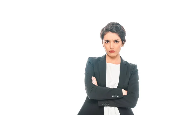 Dissatisfied Mixed Race Businesswoman Standing Crossed Arms Looking Camera Isolated — Stock Photo, Image