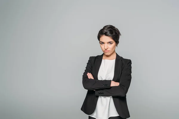 Offended Mixed Race Businesswoman Standing Crossed Arms Looking Camera Isolated — Stock Photo, Image