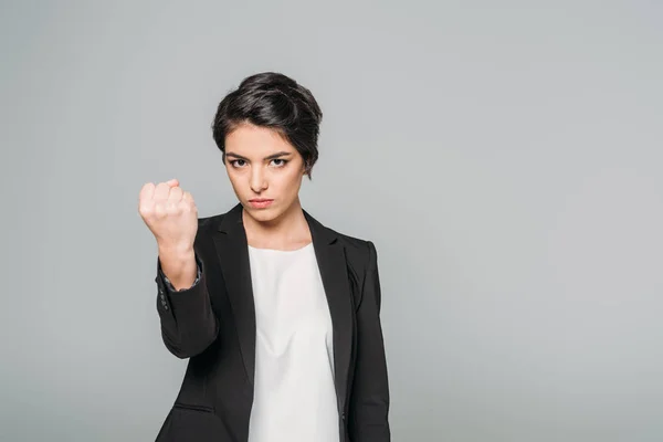 Angry Mixed Race Businesswoman Looking Camera Showing Fist Isolated Grey — Stock Photo, Image