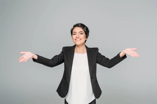 Happy Mixed Race Businesswoman Showing Welcoming Gesture Smiling Camera Isolated — Stock Photo, Image