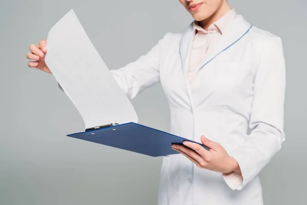 Cropped Shot Mixed Race Doctor Looking Clipboard Papers Isolated Grey — Stock Photo, Image