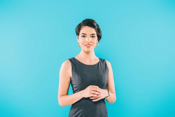 Attractive Mixed Race Woman Grey Dress Looking Camera Isolated Blue — Stock Photo, Image