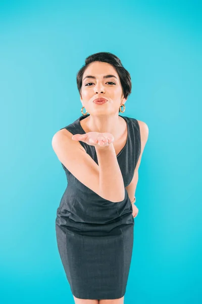 Attractive Mixed Race Woman Sending Air Kiss Camera Isolated Blue — Stock Photo, Image