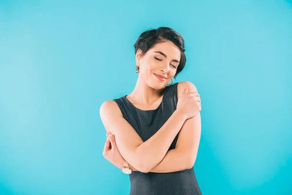 Beautiful Mixed Race Woman Posing Camera Closed Eyes Isolated Blue — Stock Photo, Image