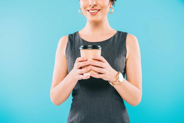 Cropped Shot Smiling Mixed Race Woman Holding Disposable Cup Isolated — Stock Photo, Image