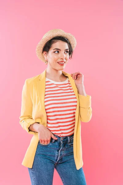 Pretty Mixed Race Woman Straw Hat Bright Clothing Looking Away — Stock Photo, Image