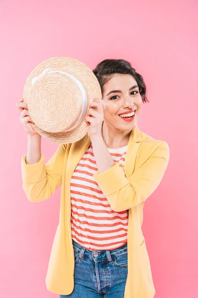 Cheerful Mixed Race Woman Holding Straw Hat While Posing Camera — Stock Photo, Image