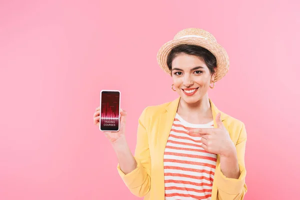 Cheerful Mixed Race Woman Pointing Finger Smartphone Trading Courses App — Stock Photo, Image