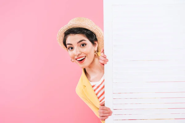 Cheerful Mixed Race Woman Looking Out Folding Screen Pink Background — Stock Photo, Image