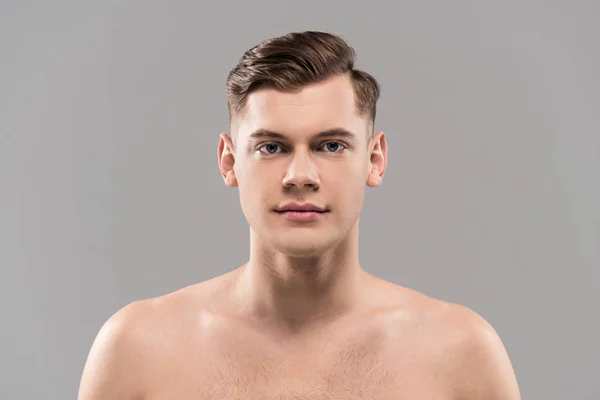 Front View Nude Handsome Young Man Looking Camera Isolated Grey — Stock Photo, Image