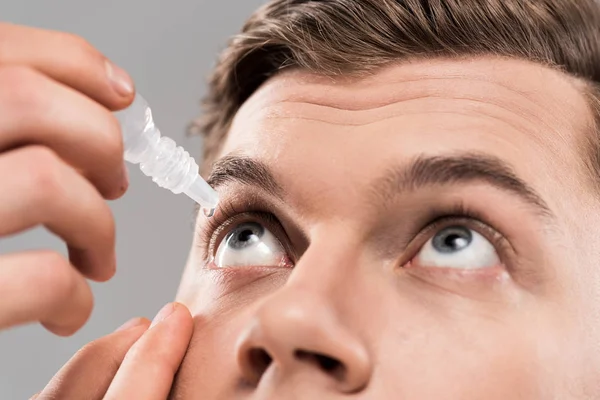 Cropped View Young Man Applying Eye Drops Isolated Grey — Stock Photo, Image