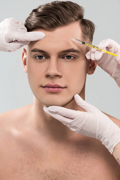 Nyírt Kilátás Cosmetologists Latex Kesztyű Csinál Szépség Injekció Izolált Szürke — Stock Fotó