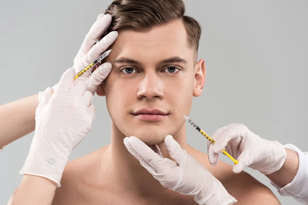 Cropped View Cosmetologists Latex Gloves Doing Beauty Injections Isolated Grey — Stock Photo, Image