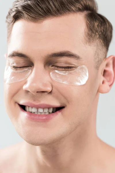 Portrait Handsome Young Man Eye Patches Smiling Closed Eyes Isolated — Stock Photo, Image