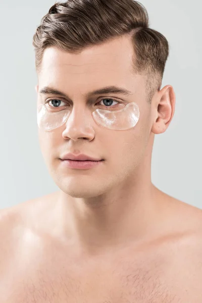 Joven Guapo Con Parches Los Ojos Aislados Gris — Foto de Stock