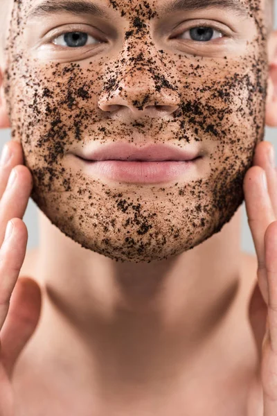 Cropped View Smiling Young Man Applying Scrub Looking Camera — Stock Photo, Image
