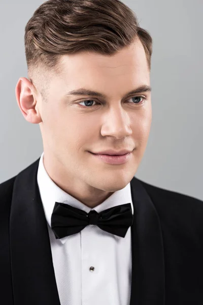 Smiling Young Man Formal Wear Bow Tie Isolated Grey — Stock Photo, Image