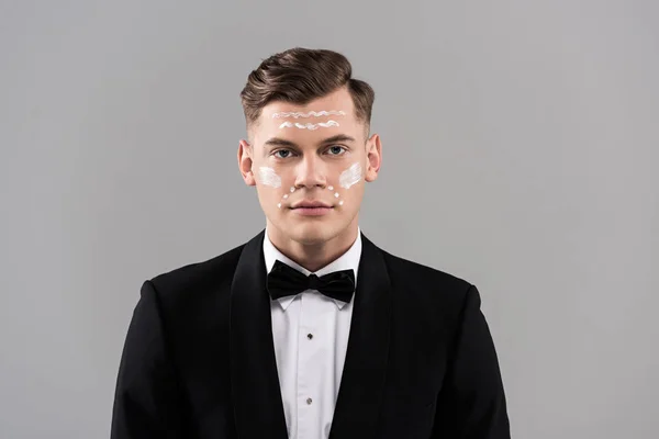 Front View Serious Man Formal Wear Cream Face Isolated Grey — Stock Photo, Image