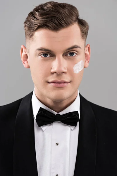 Front View Handsome Man Formal Wear Cream Face Isolated Grey — Stock Photo, Image
