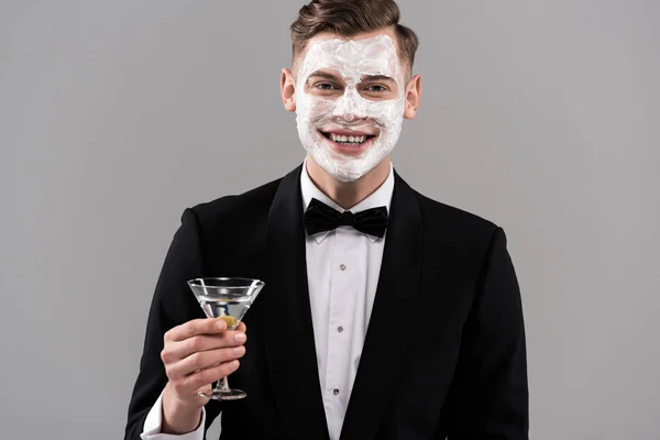 Front View Smiling Man Formal Wear Cream Face Holding Glass — Stock Photo, Image