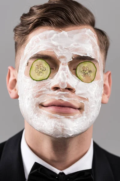 Portrait Young Man Formal Wear Cucumber Facial Mask Isolated Grey — Stock Photo, Image