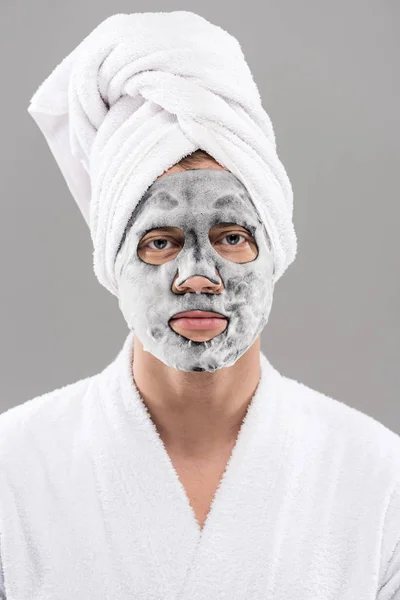 Вид Спереду Людини Халаті Маскою Обличчя Ізольовано Сірому — стокове фото