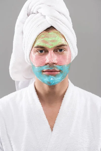 Front View Man Bathrobe Facial Mask Isolated Grey — Stock Photo, Image