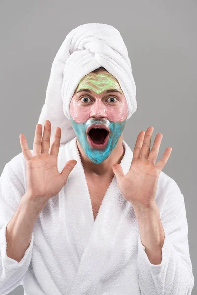 Front View Shocked Man Bathrobe Facial Mask Isolated Grey — Stock Photo, Image