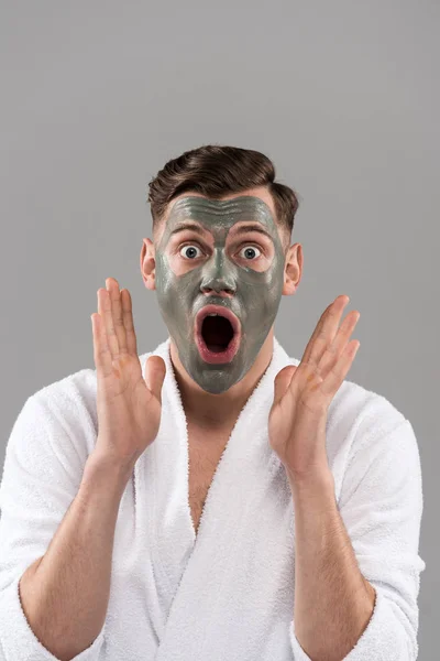Front View Shocked Man Bathrobe Clay Mask Looking Camera Open — Stock Photo, Image