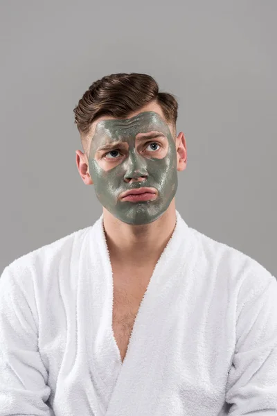 Front View Sad Young Man Bathrobe Clay Mask Isolated Grey — Stock Photo, Image