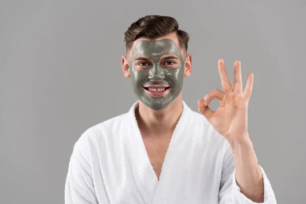 Front View Smiling Man Bathrobe Showing Okay Sign Isolated Grey — Stock Photo, Image