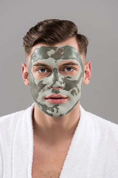 Front View Young Man Clay Mask White Bathrobe Isolated Grey — Stock Photo, Image