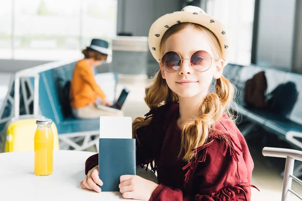 Cute Preteen Kid Sunglasses Passport Air Ticket Airport — Stock Photo, Image
