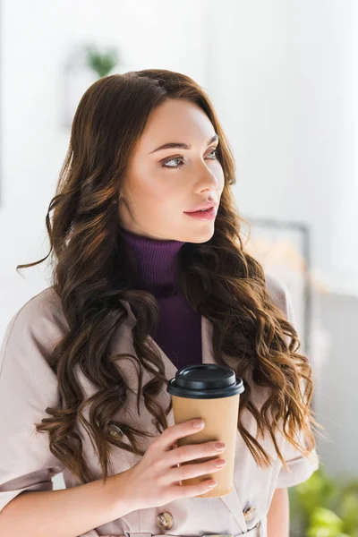 Dreamy Curly Young Woman Holding Paper Cup Coffee — Stock Photo, Image
