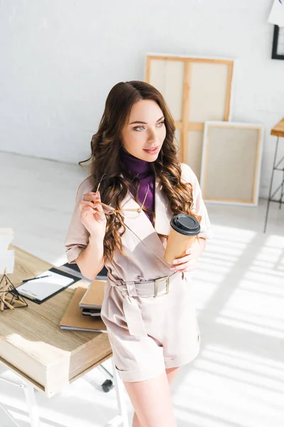 Dreamy Curly Woman Holding Glasses Paper Cup — Stock Photo, Image