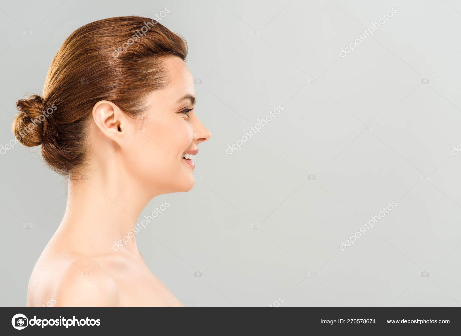 Side View Cheerful Woman Smiling Isolated Grey Stock Photo by