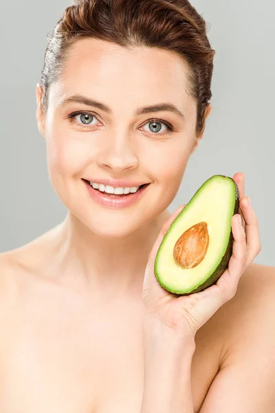 Happy Naked Woman Holding Half Organic Ripe Avocado Isolated Grey — Stock Photo, Image