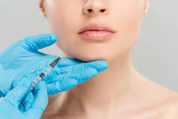 Cropped View Cosmetologist Holding Syringe Face Woman Isolated Grey — Stock Photo, Image