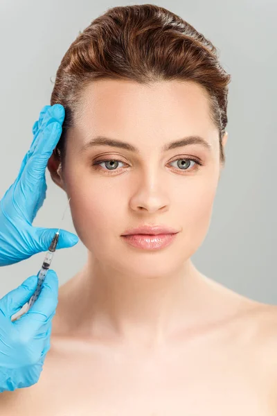 Cropped View Cosmetologist Holding Syringe Face Beautiful Naked Woman Isolated — Stock Photo, Image