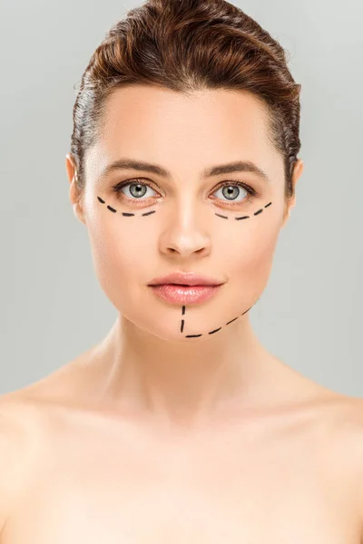 Naked Attractive Woman Marks Face Isolated Grey — Stock Photo, Image