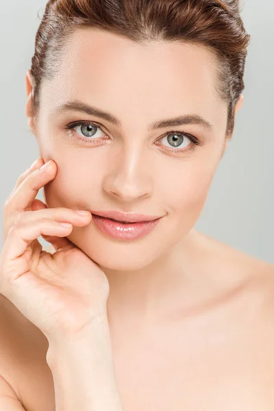 Cheerful Naked Woman Looking Camera Touching Face Isolated Grey — Stock Photo, Image